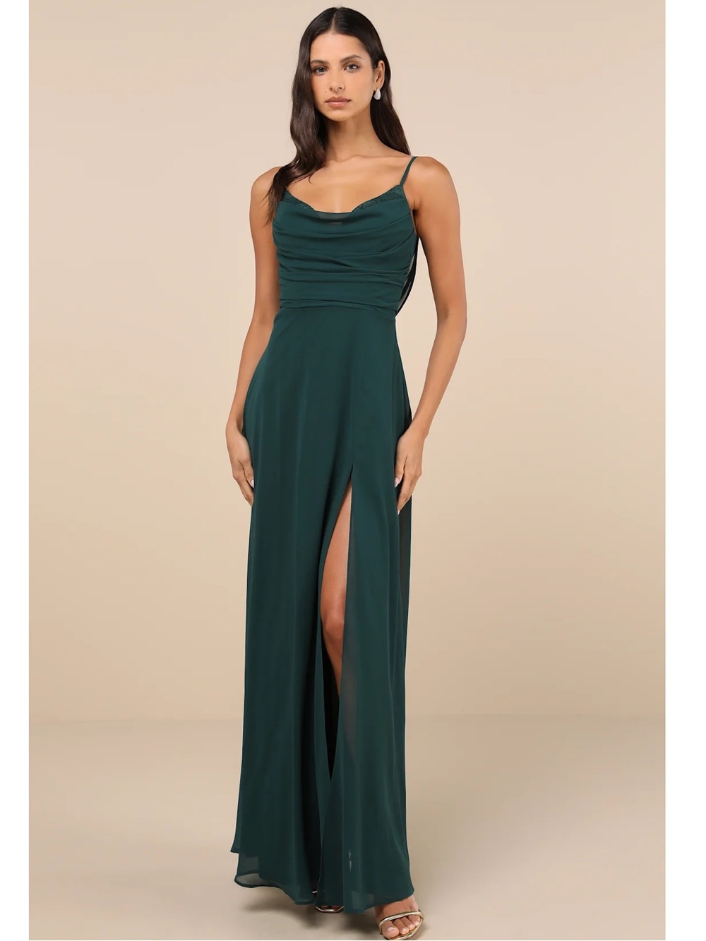 Lulus Notorious Poise Emerald Green Sleeveless Cowl Neck Chiffon Maxi Dress Sm